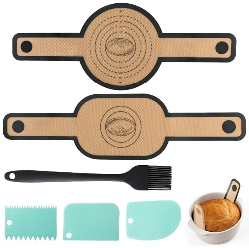 Arvoni Tapis de Cuisson pour four Dutch Oven 2 Pièces, Tapis Patisserie Silicone avec Longues Poignées, Tapis à Pain Silicone Facile à nettoyer, Tapis de Cuisson avec 3 Raclette et Pinceau à Epices
