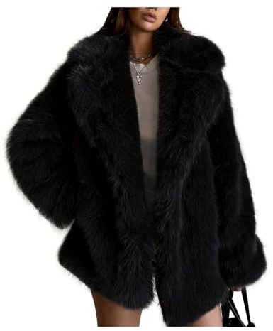 Kissonic Women Faux Fur Coat Lapel Warm Open Front Winter Outerwear Black | Notched Collar, Long Sleeve, Snap Button, Loose Fit, Fluffy Fuzzy Jacket, Winter Shaggy Coats