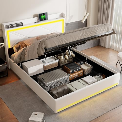 PerGar Bett 160x200, Polsterbett Doppelbett mit Bettkasten, Bett mit Stauraum & Lattenrost, LED Kopfteil mit USB, Jugendbett Hydraulisch Funktionsbett Bettgestell, PU, Ohne Matratze, Weiß