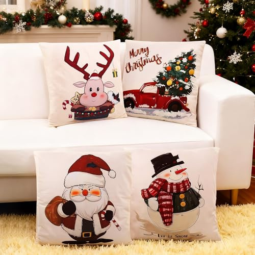 Fentar Funda Cojines Navidad, Juego de 4 Fundas de Cojines 45x45 Decorativas, Fundas Navideñas para Sofá con Estampado de Muñeco de Nieve, Funda Cojín Decoración Navidad Hogar (Rojo)