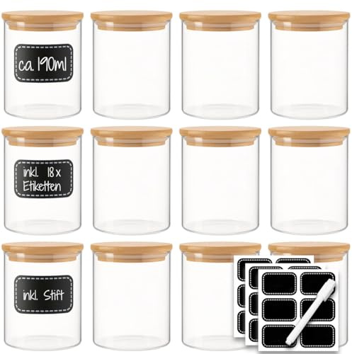 mixed24 12x 190ml Vorratsgläser Bambusdeckel inkl. 18x wiederbeschriftbare Etiketten und Stift - Gewürzgläser für Gewürze, Kräuter, Tee, Trockene Lebensmittel, Süßigkeiten & Snacks, Bastelmaterialien