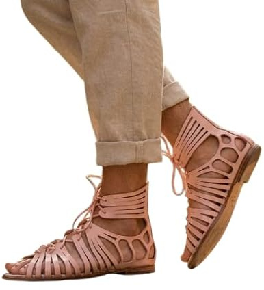 Mdhel Women’s Handmade Gladiator Sandals – Pink Leather Roman Style Open Toe Lace Up Flat Shoes | Comfortable Summer Footwear for Casual, Party & Beach (US 11)