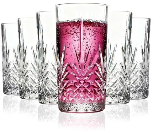Vitrignis Tall Highball Glasses Set Of 6-14 Ounce Elegant Tom Collins Glasses - Textured Designer Glassware Set For Whiskey,Drinks, Water, Beer, Soda