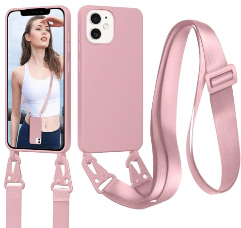 Jrkvniv Cordino Cover Compatible con iPhone 12 Mini Case, Rosa | Necklace Cover Corda Custodia Collana Case Anti Graffio Antiurto Cellulare Bumper Silicone Liquido Case con Shell Tracolla