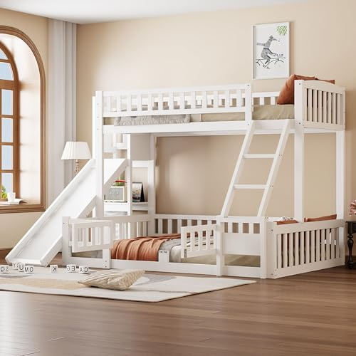 OOIILLEE 90 * 200 & 140 * 200 Lit superposé avec Toboggan, Plusieurs étagères, Cadre en Bois avec Petite Porte, Matelas Non Inclus, Blanc