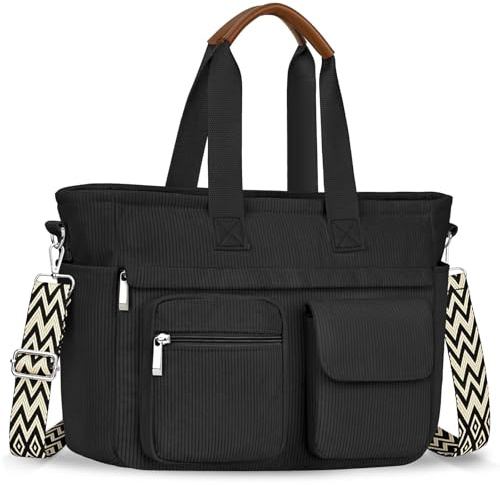 JUYANO Large Tote Bags for Women, Corduroy Cross Body Bag Lightweight Handbags with 13-14 Laptop Compartments and Zip, Adjustable Strap Shoulder Bag for Work, College, Shopping Traveling, Black