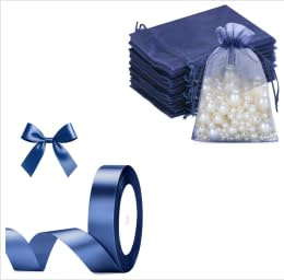 G2PLUS 50 Stück Dunkelblau Geschenk Organzasäckchen 10x15cm und Darkblue Deko Satinband 20mm