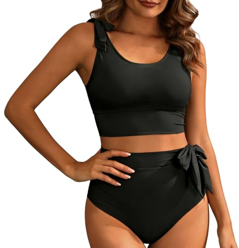 InfiniZer Women's 2 Piece Bikini Sets Scoop Neck High Waisted Modest Swimsuits Tummy Control Bathing Suit with Tie Side Knot