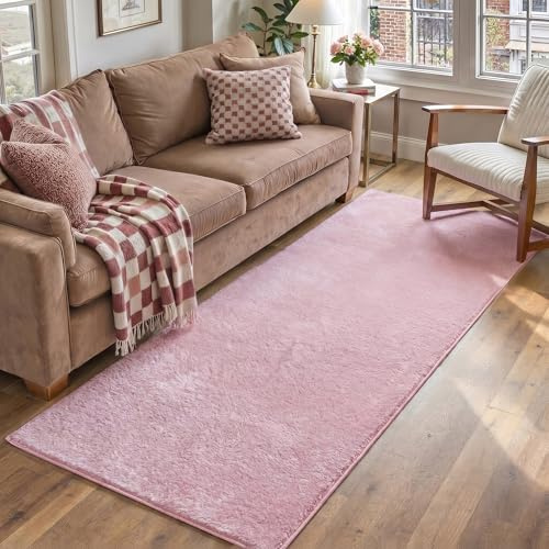 PureCozy Läufer Flur Teppich 60x180cm Rosa Waschbarer Flauschiger rutschfest Weich Kunstfell Fellteppich Kurzflor Teppiche Kinderzimmer Bettvorleger Schlafzimmer Kinderteppich Runner Carpet