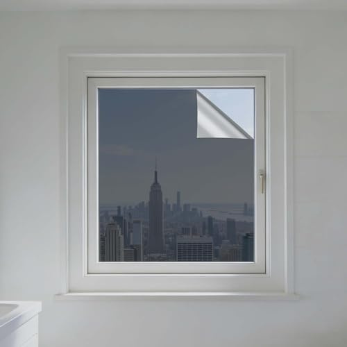 Spiegelfolie 140 x 200 cm mit UV Schutz Und Hitzeschutz Verdunklungsfolie Wärmeschutzfolie Ideal Selbstklebend für Kleine Nach Außen Gerichtete Fenster, Grau Silber