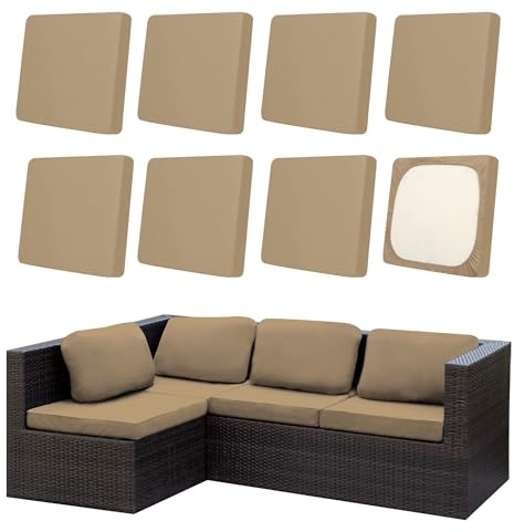 DREAHOTEXTIL Universelle Stretch-Sofabezüge & Outdoor-Sofabezüge | Elastische Kissenbezüge für Gartenmöbel & Lounge | Abnehmbar & maschinenwaschbar (Khaki, 8pcs)