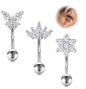 WillTen Rook Piercing Schmuck, vertikaler Labret-Schmuck, Silber, Gold, Edelstahl, Augenbrauenpiercing, gebogene Barbell-Lippenpiercing, klare Zirkonia, Schmetterling, Blume, Rook Daith, vertikale