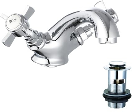 Veebath Traditional Mono Basin Mixer Tap with Pop-Up, Deck Mounted Dual Cross Head Tap, Victorian Basin Tap, Traditional Bathroom Sink Taps Waste-Chrome G1/2”