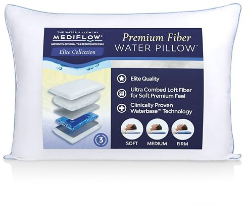 Mediflow Elite Fibre Water Pillow – Orthopaedic, Adjustable Height & Firmness, Waterbase Support – Side, Back & Front Sleepers (Single), White