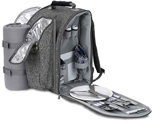 BRUBAKER Picknickrucksack für 2 Personen Grau 28 × 40 × 22 cm - mit Kühlfach, Iso-Flaschenhalter und Fleece-Decke mit wasserdichter Unterseite