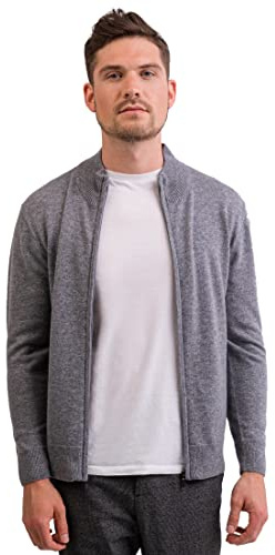 Pull cardigan pour homme 100 % cachemire avec fermeture éclair - 2 fils, gris, S