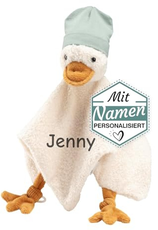 LALALO Sterntaler Ente Edda Kuscheltuch mit Namen Bestickt, Schmusetuch Einschlafhilfe für Jungs & Mädchen, Baby & Kinder personalisiert, Cream White, 30x24 cm