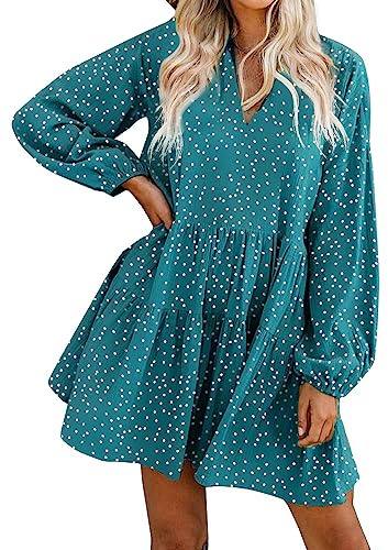 FANCYINN Mini robe droite ample avec poches, manches évasées, ourlet à volants et col en V - Jolie tunique fluide pour femme, Manches longues à pois verts., Taille M