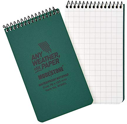 MODESTONE Outdoor Notizblock 7,6 x 13 cm grüner Cover | Spiralbindung oben 50 Blätter kariert 7x7mm | wasserfest reißfest feuerfest