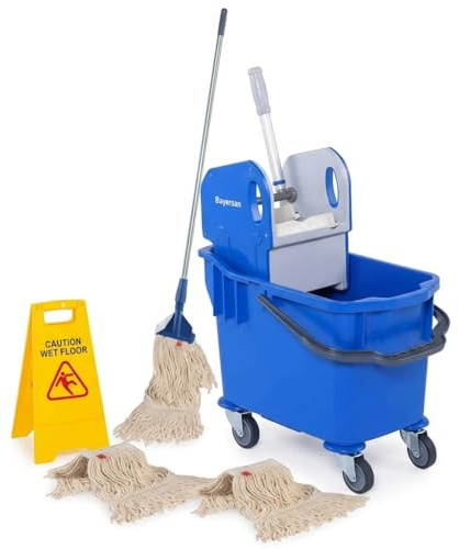 Complete 25l Mop and Bucket Set With Warning Sign by Bayersan- Full Floor Cleaning Bucket & Cleaning Bundle Kit For Household & Commercial Use - 3 X Squeeze Mop Heads (Blue)