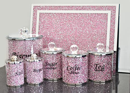 DEENZ PINK CRUSHED DIAMOND SALT PEPPER CANISTERS JARS WITH CHOPPING BOARD BISCUIT JAR, TEA COFFEE SUGAR JARS KITCHEN SET