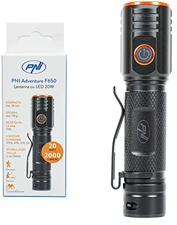PNI Adventure F650 20W LED-Taschenlampe, 2000lm, Aluminium, IPX6, Batterie inklusive, USB-Ladetyp C