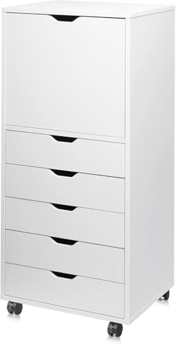 DEVAISE Wood File Drawers, Mobile Office Cabinet with 5 Drawer and 1 Door, Rolling Filing Drawer for Home Office, White