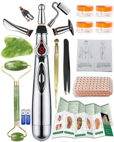 Acupuncture Super Set:5-Head Electronic Acupuncture Pen +Gua Sha Tool +600 Ear Seeds +Retractable Acupuncture Pen+4 x Extra Massaging Gel+Tweezers+Chart+Batteries (Acupuncture Set)