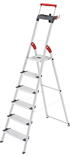 Hailo L84 ComfortLine Alu-Sicherheits-Stehleiter - 6 XXL-Stufen belastbar bis 150 kg - Tiefe Standfläche & Haltegriff - Stehleiter mit Ablage - Aluleiter Made in Germany - Leiter rostfrei - Silber