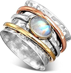 CAIAO Glänzender runder Mondsteinring für Frauen Fashion Metal Tricolor Weites Spinner Ring Party Braut Engagement Schmuck Schmuck-12,White