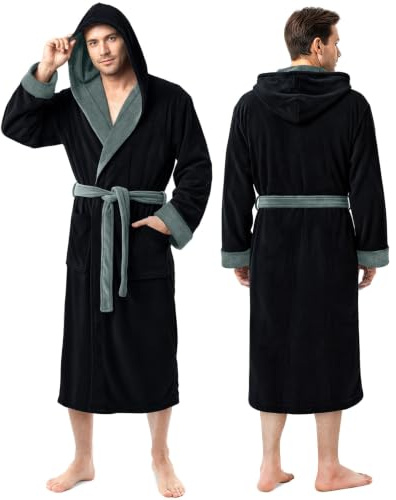 Luxury Ultra Soft Mens Robe with Hood, 2XL / 3XL, Black and Steel Grey