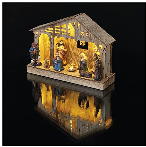 EMOS Weihnachtskrippe mit handbemalten Figuren, Weihnachtsdekoration mit 5 LEDs, warmweißes Licht, batteriebetrieben (3x AA), IP20 Innenbereich, 6/18h Timer-Funktion, 10000 h Lebensdauer