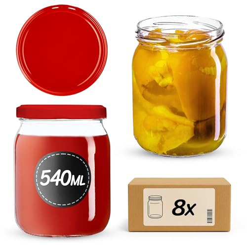 KADAX syltburkar 540 ml, konserveringsburkar med skruvlock, glas med skruvlock, konserveringsburkar, förvaringsburkar för insättning av gurkor (8 stycken, röd)