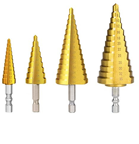Schneidbohrer, Stufenkegelbohrer, 3–12, 4–12/20/32, 6–35 mm, Kernbohrwerkzeuge, T-Itan-beschichtetes Holz, Metall, Lochschneider, HSS-Metallbohrer (Farbe: 3-teiliges Set mit Tasche) (4-teiliges Set