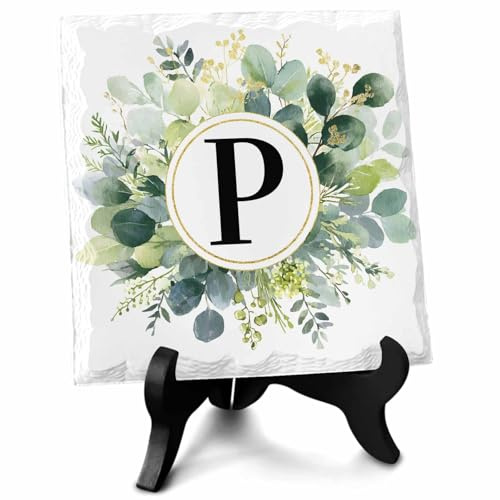 Eucalyptus Leaves Ceramic Plaque Table Decorations Sign, Spring Green Watercolor Monogram Letter P Desk Decor Sign - Memorial Gifts for Home Office Party