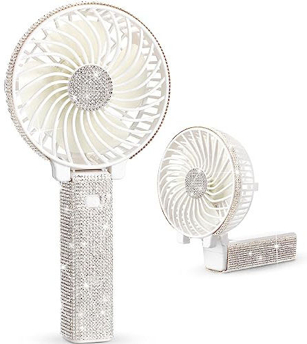 Mudder Rhinestone Handheld Fan Crystal Bling Mini Personal Bride Fan Glitter Bedazzled USB Rechargeable & Battery Operated for Women Outdoor Wedding Travel Indoor Makeup Office(White,Foldable)