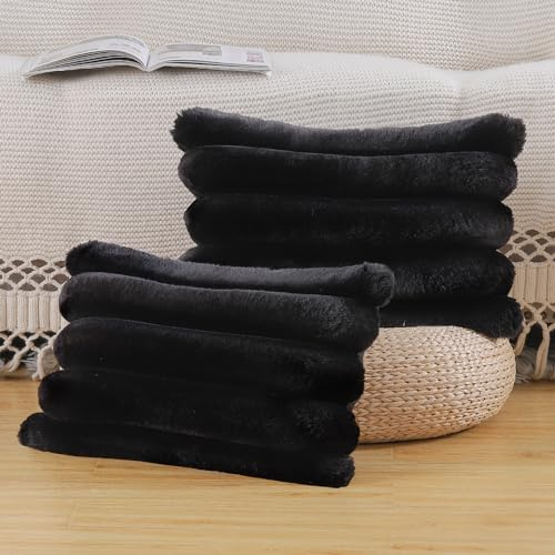 MADIZZ Set med 2 Plysch Mjuk Kort Ull Sammet Dekorativa Kuddfodral 30x50 cm Svart Fluffig Randig Mjuk Dekorativ Kuddfodral för Soffa Sovrum Kuddskal