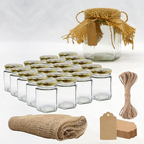 20x Pot de Miel Hexagonal avec Couvercle 180ml + 20x Bande de Tissu de Jute + 20x Étiquette en Carton Kraft + Ficelle de Jute - Idéal pour la Conservation de Miel, Confiture, Épices, Yaourt