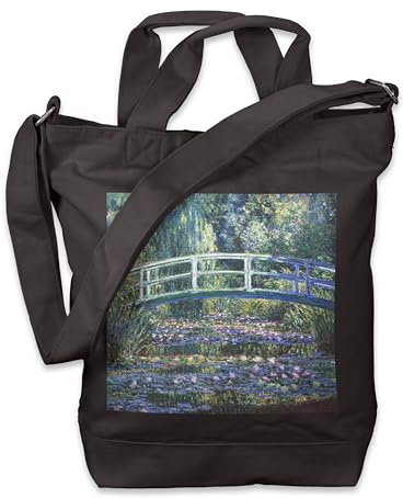 Kiwistar - Einkaufstasche Canvas Tote Bag - Schwarz - Claude Monet Water Lilies - Tragetasche bedruckt - Extra Fach für Smartphone & Geldbeutel - lange & kurze Henkel - Shopper
