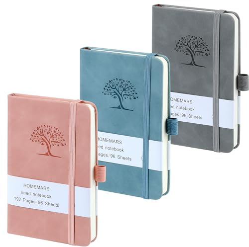 HOMEMARS Notizbuch A6, 3 Stück Notizbücher Set, 14.4cm x 9.6cm Notizblock, Rosa Blau Grau, 192 Seiten, Notizheft, Notizblock a6, Journal, Reisetagebuch, Notizbuch Leder, Prägebaum Design