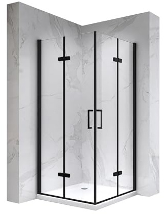 Mampara de Ducha Matilde | 80x120x180cm | REVERSIBLE | Puerta plegable | Ajuste 78,9-80,4 x 118,9-120,4cm | Perfiles Negros, Cristal transparente de 6 mm - Moments of Glass