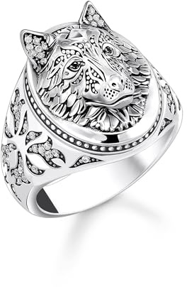 THOMAS SABO Siegelring Wolf mit Steinen Silber geschwärzt 925 Sterlingsilber, Geschwärzt