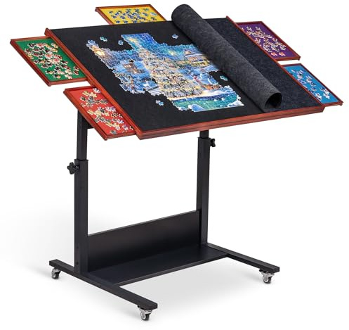 Becko US Tavolino/tavola per puzzle, 1500 pezzi, inclinabile, con regolazione dell'altezza, 5 vassoi colorati per ordinare con copertura in feltro antipolvere, chiusi con 4 ruote