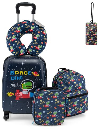 DREAMADE 5tlg Kinderkoffer Set, Kinder Reisekoffer mit Rucksack, Nackenkissen, Lunchtasche & Kofferanhänger, Reisetrolley mit Rollen für Kinder ab 3 Jahren, 30 x 23 x 46cm (Dunkelblau-Dinosaurier)