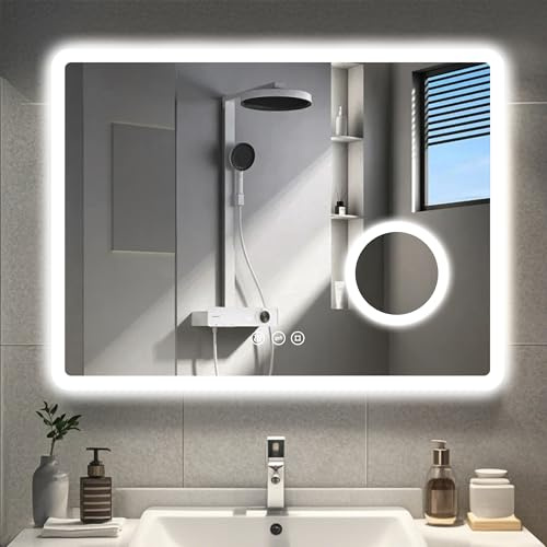 GIMBELEN Badspiegel mit Beleuchtung 80 x 60 cm, 3-Fach Vergrößerung, Rasiersteckdose, Dimmbar, 3 Lichtfarben, Antibeschlag, Speicherfunktion, IP44 Wasserdicht, LED Badspiegel, Horizontal/Vertikal