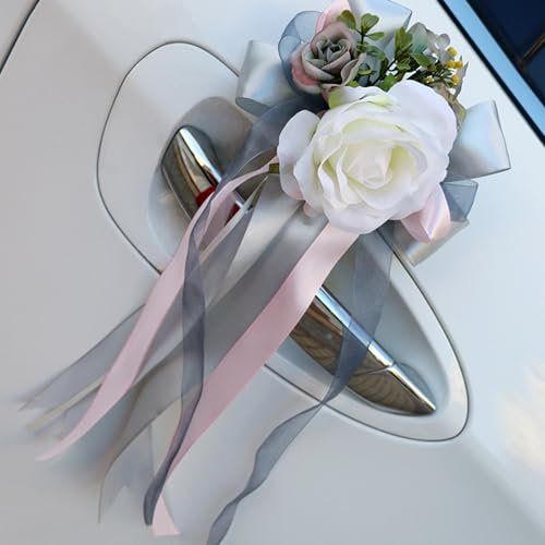 Ziyero 4 Piezas Arcos del Coche de la Boda de Flores Artificiales Decoración del Coche Espejo Retrovisor Manija de la Puerta de la Decoración de la Flor de Boda Arcos para la Fiesta de Bodas Grigio