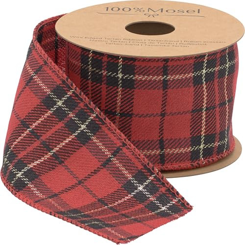 100% Mosel Ruban Tartan, en rouge (6 cm x 5 m), avec bord de fil, ruban cadeau à carreaux avec accent doré pour Noël, ruban de décoration en tissu comme décoration classique de sapin de Noël