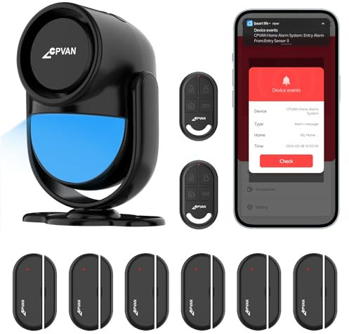 CPVAN Home Alarm System, WiFi PIR Motion Sensor Alarm, Wireless DIY Smart Door/Window Alarm for Home Security with Phone APP Alert 9 Pieces Kit (PIR Alarm Hub, 6 Door Sensors, 2 Remotes), CP2W.Black