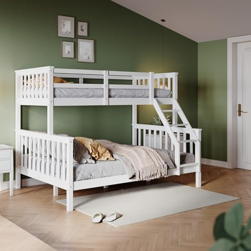 ZANOFIRA Bunk Bed with Ladder, Solid Pine Wood Triple Bed Frame, Single Bed and Double Bed Set, Double 4 Foot 6, Single 3 Foot Sleeper Bed For Kids Children Home, White