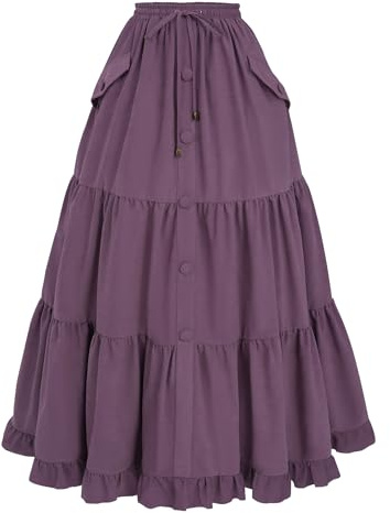 FCCAM Maxi skirt maxi gonna da donna lunga autunno medievale gonna lunga lunga da donna con tasche, Lilla, L
